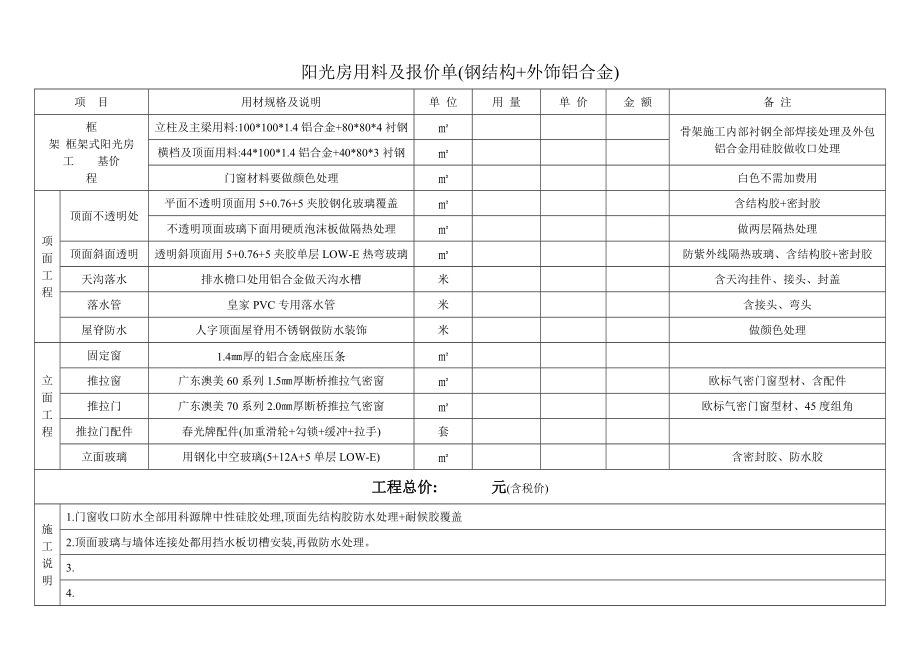 鋼結構陽光房報價單的范本（鋼結構陽光房報價）